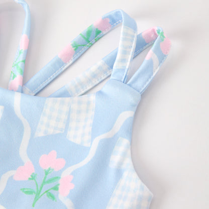 Girls Summer Blue Pink Bow Print Athletic Ruffled Skirt Set