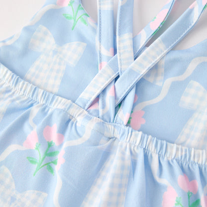 Girls Summer Blue Pink Bow Print Athletic Ruffled Skirt Set