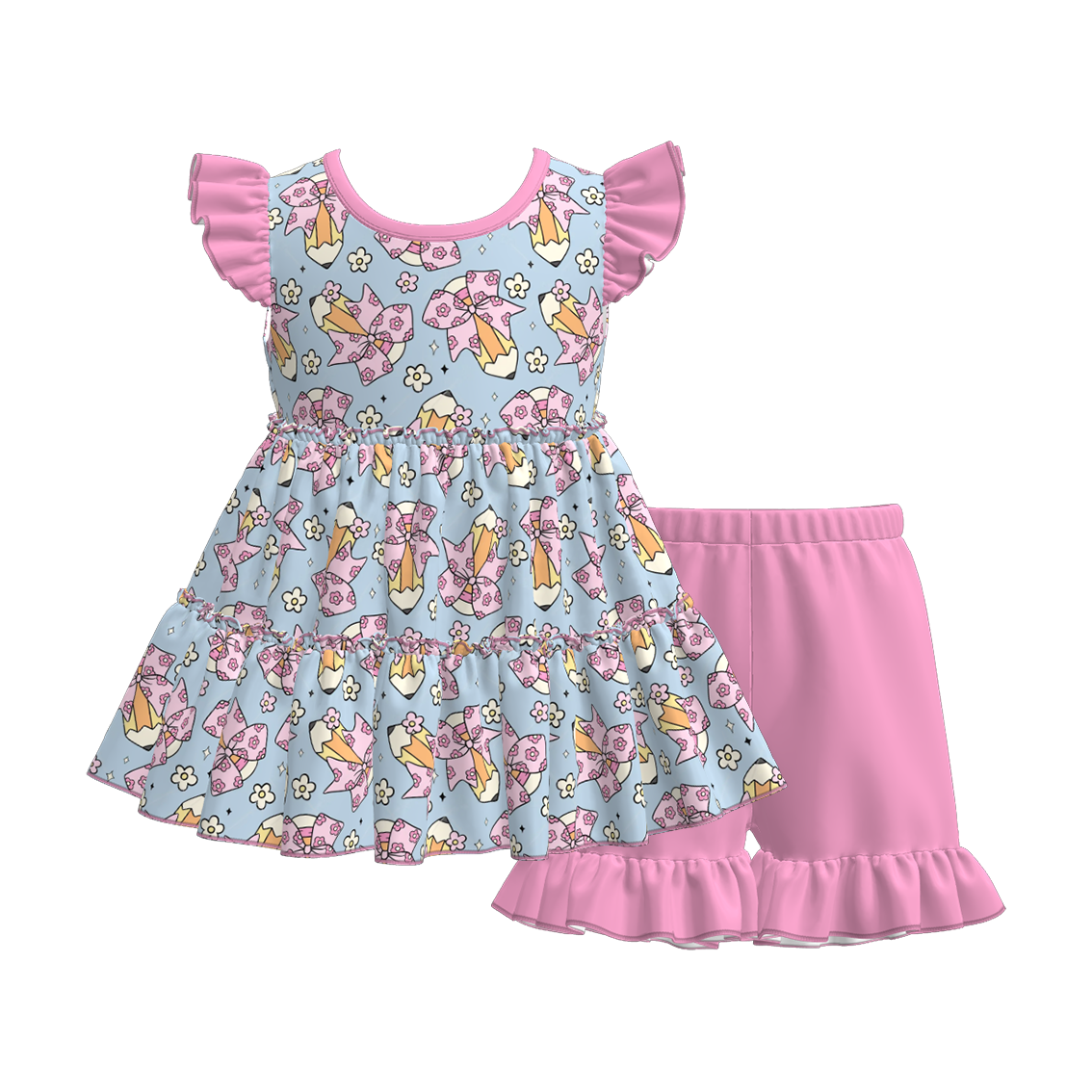 Girls Summer Back To School Patchwork Short Set