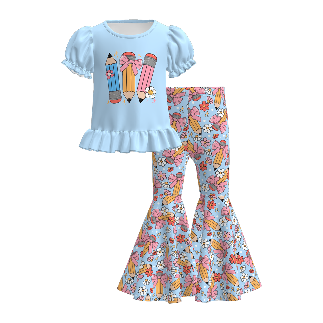 Girls Back To School Pencil Apple Print Bell Pant Set