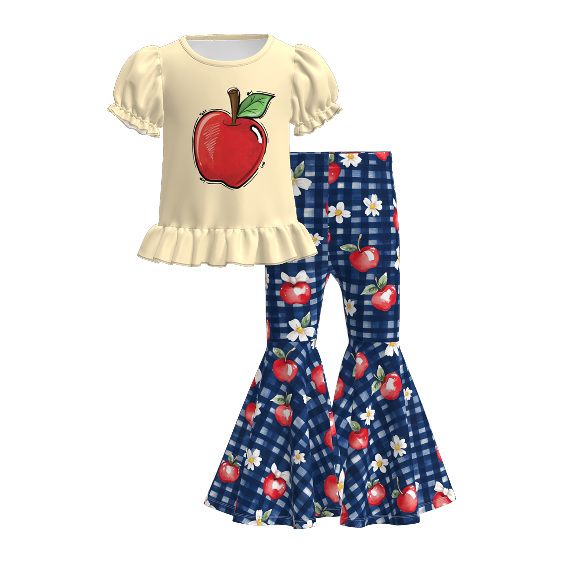 Girls Back To School Pencil Apple Print Bell Pant Set