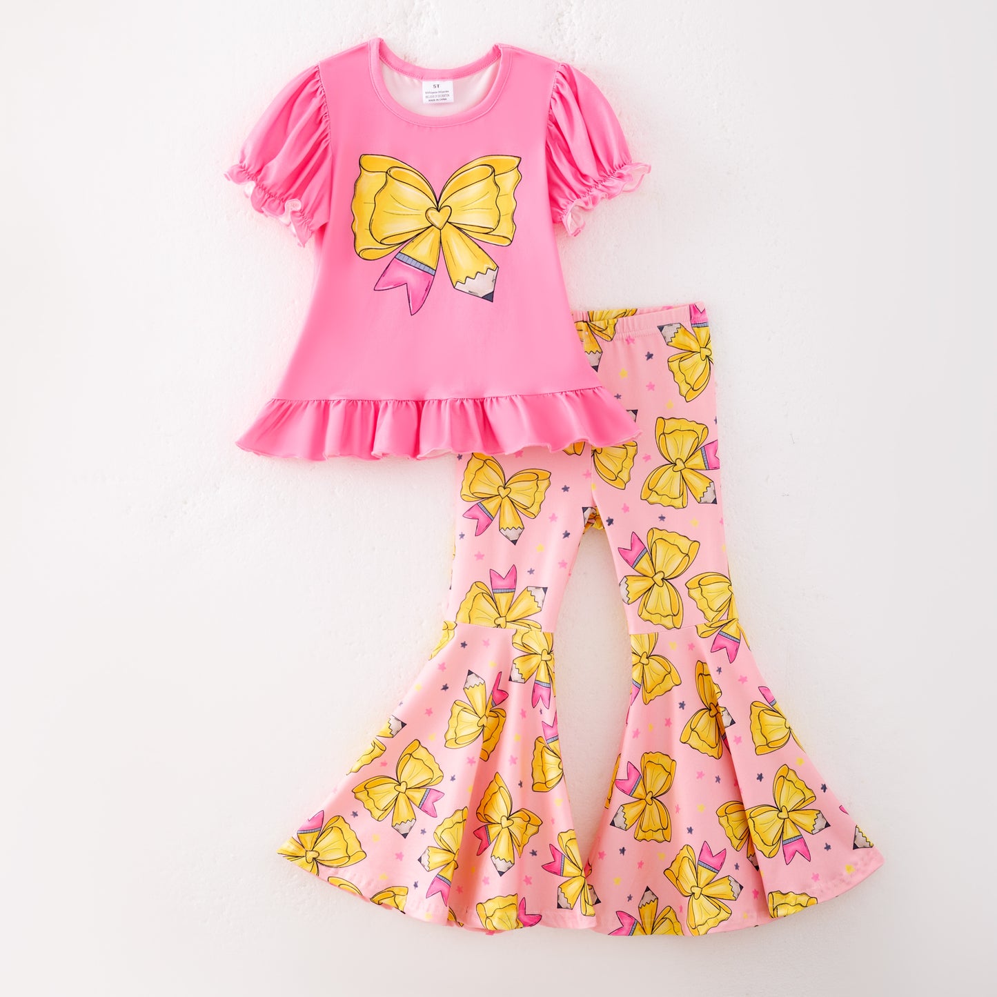 Girls Back To School Pencil Apple Print Bell Pant Set