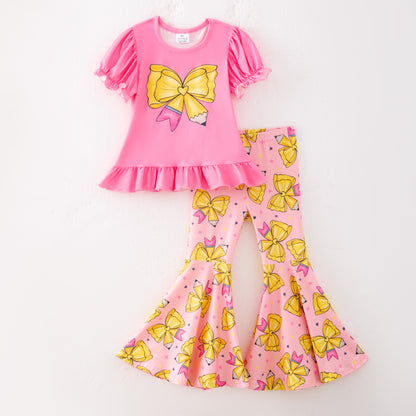 Girls Back To School Pencil Apple Print Bell Pant Set