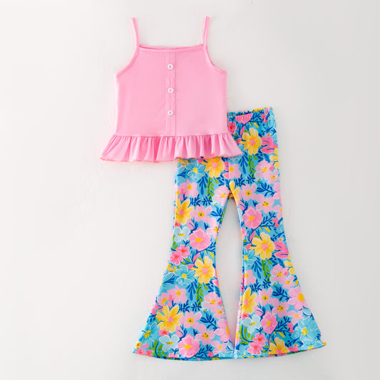 Girls Summer Pink Blue Floral Slip Top Bell Pant Set