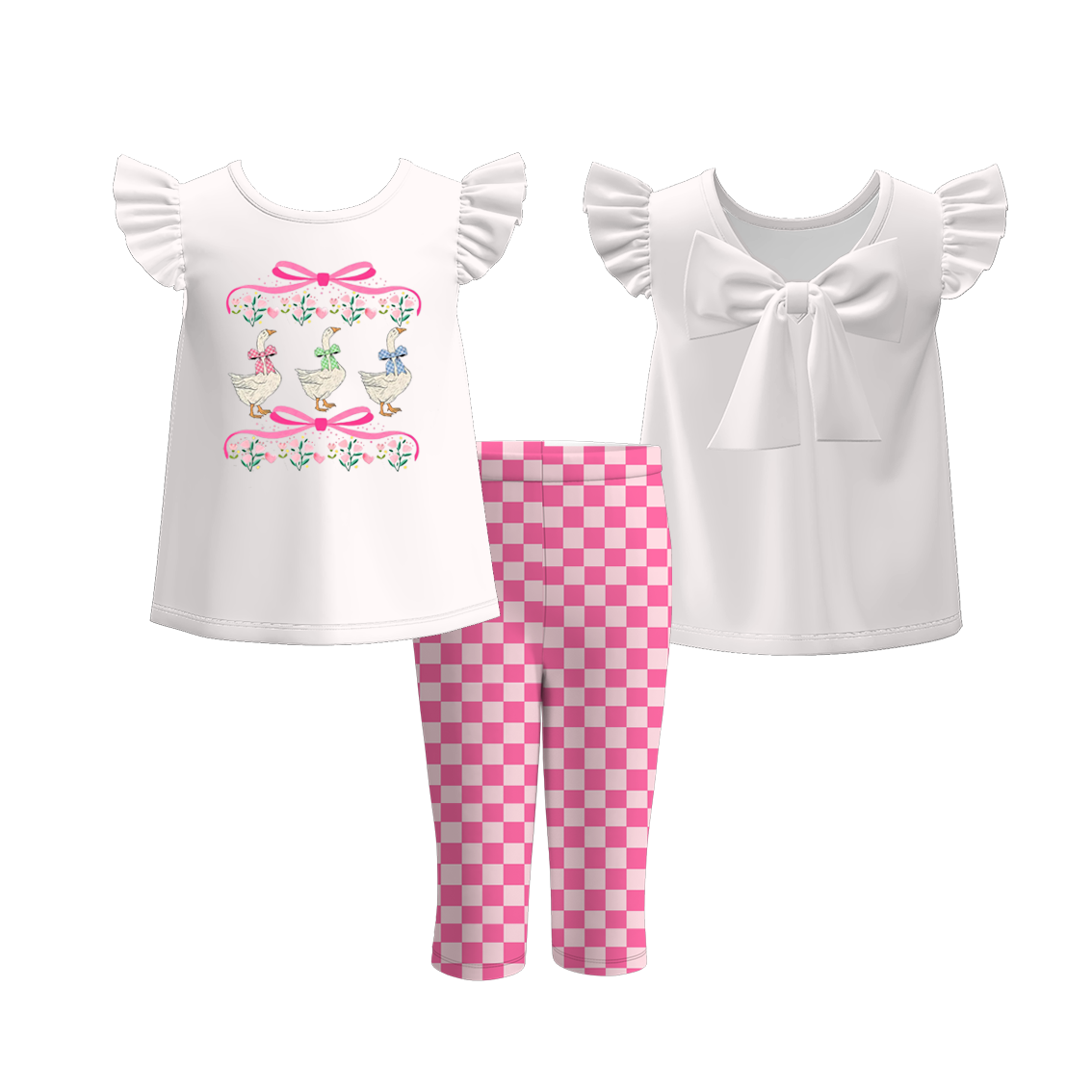 Girls Summer Silly Goose Print White Top Legging Set