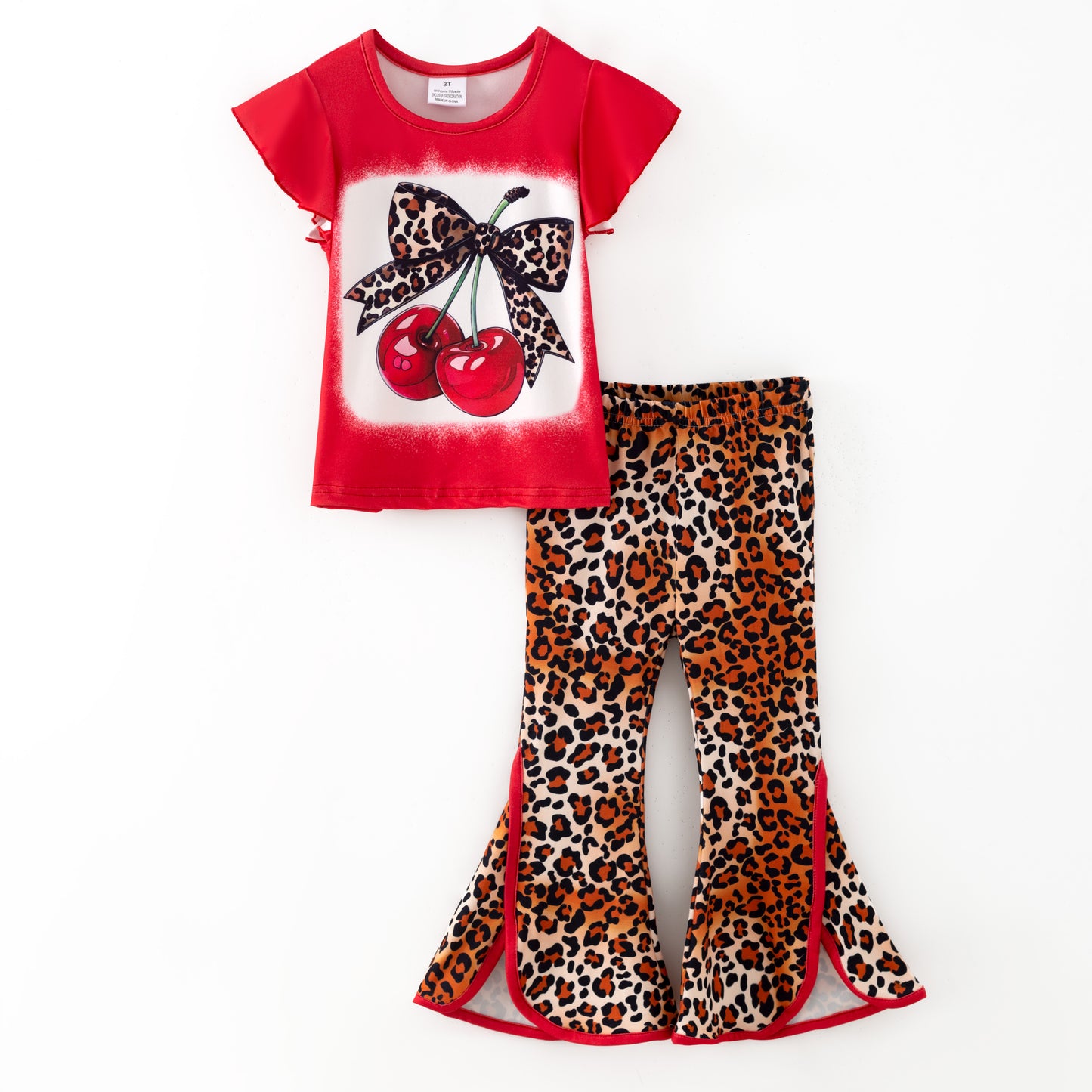 2025 Fall Girls Red Leopard Cherry Print Bell Pant Set