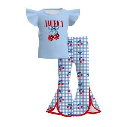 Girls Summer Boutique Cute Cherry Print Bell Pant Set