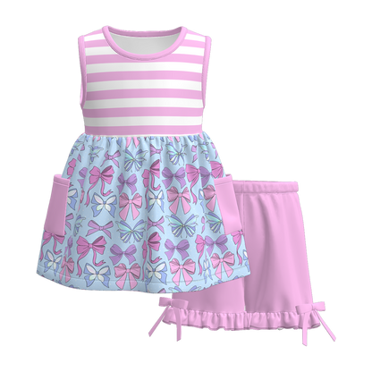 Siblings Girls Summer Pink Blue Bow Matching Clothes