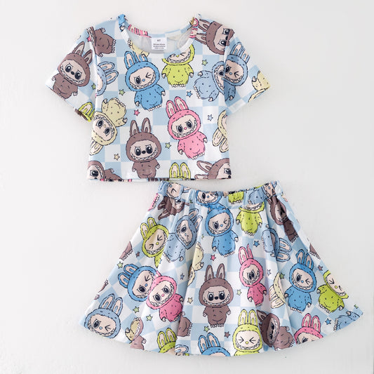 Girls Summer Hot Seller Cartoon Blue Skirt Set