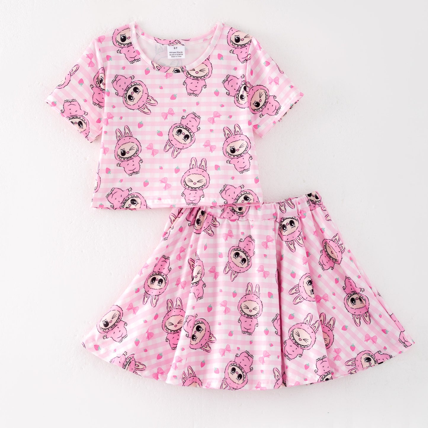 Girls Summer Hot Seller Cartoon Pink Stripes Skirt Set