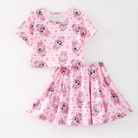Girls Summer Hot Seller Cartoon Pink Stripes Skirt Set