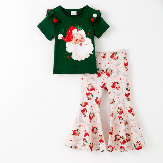 Girls Christmas Santa Print 2 Pieces Top+Pant Set