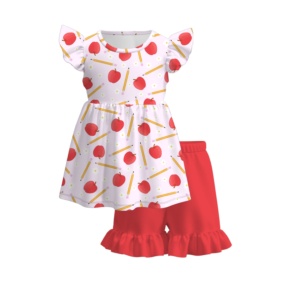 Girls Back To School Apple Pencil Print Short Set & Dress