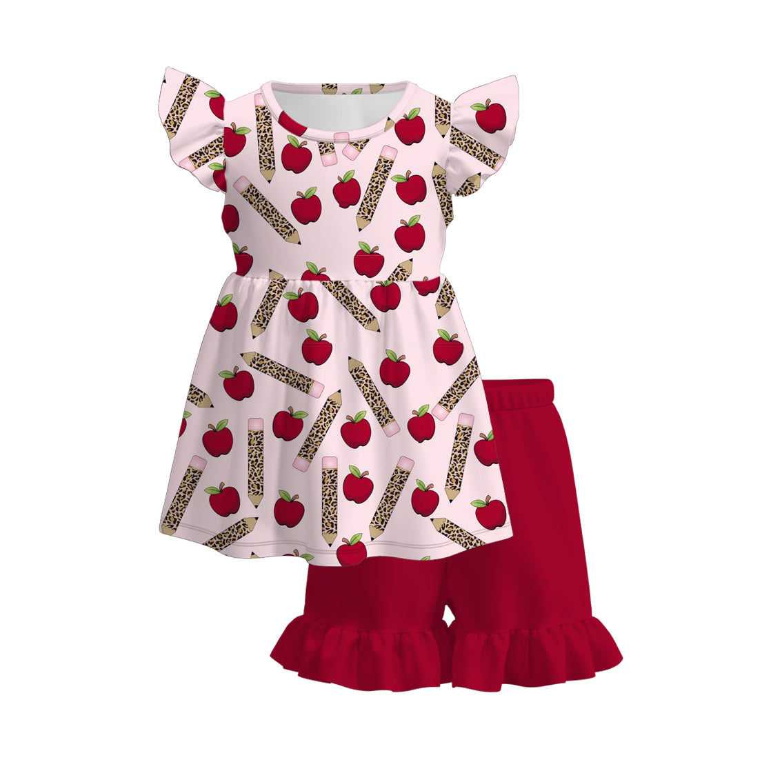 Girls Back To School Apple Pencil Print Short Set & Dress