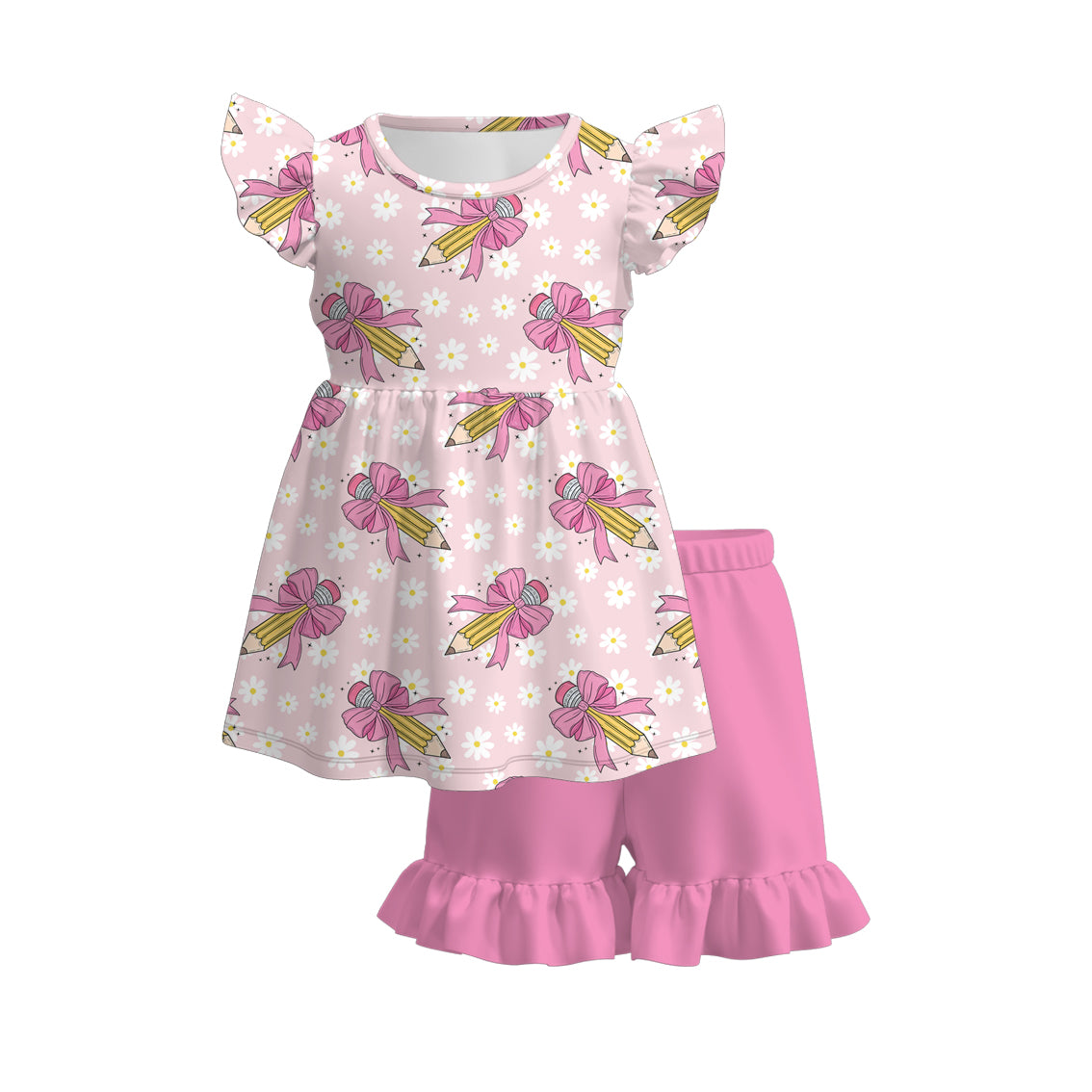 Girls Back To School Apple Pencil Print Short Set & Dress
