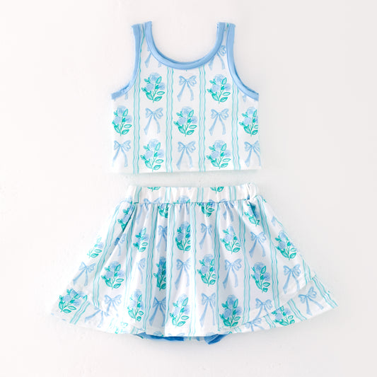 Girls Summer Blue Green Bow Flower Print Athletic Skirt Set