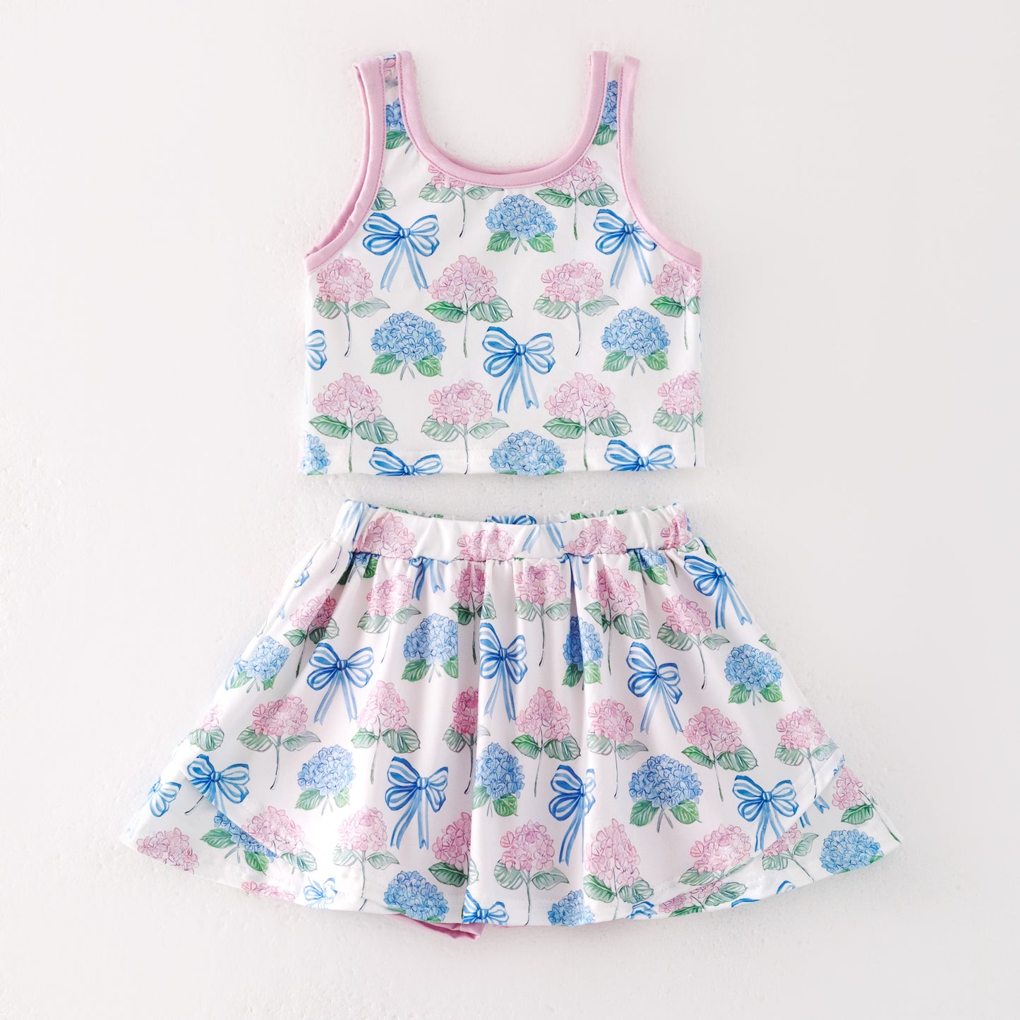 Girls Summer Pink Blue Flower Print Athletic Skirt Set