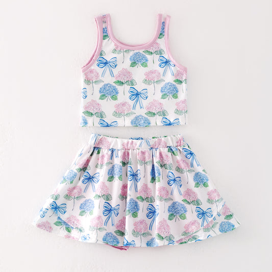 Girls Summer Pink Blue Flower Print Athletic Skirt Set