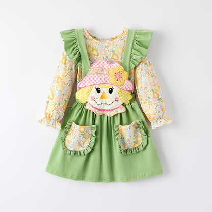 Girls Fall Thanksgiving Scarecrow Applique Floral Skirt Set