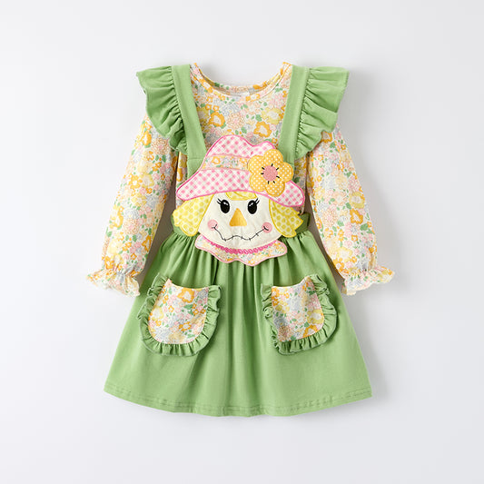 Girls Fall Thanksgiving Scarecrow Applique Floral Skirt Set