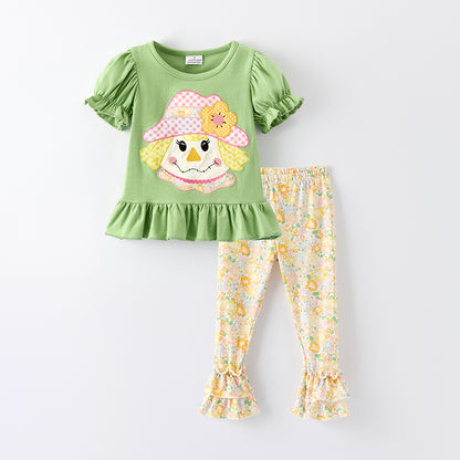 Girls Fall Thanksgiving Scarecrow Applique Top+Pant Set