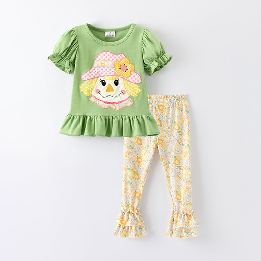 Girls Fall Thanksgiving Scarecrow Applique Top+Pant Set