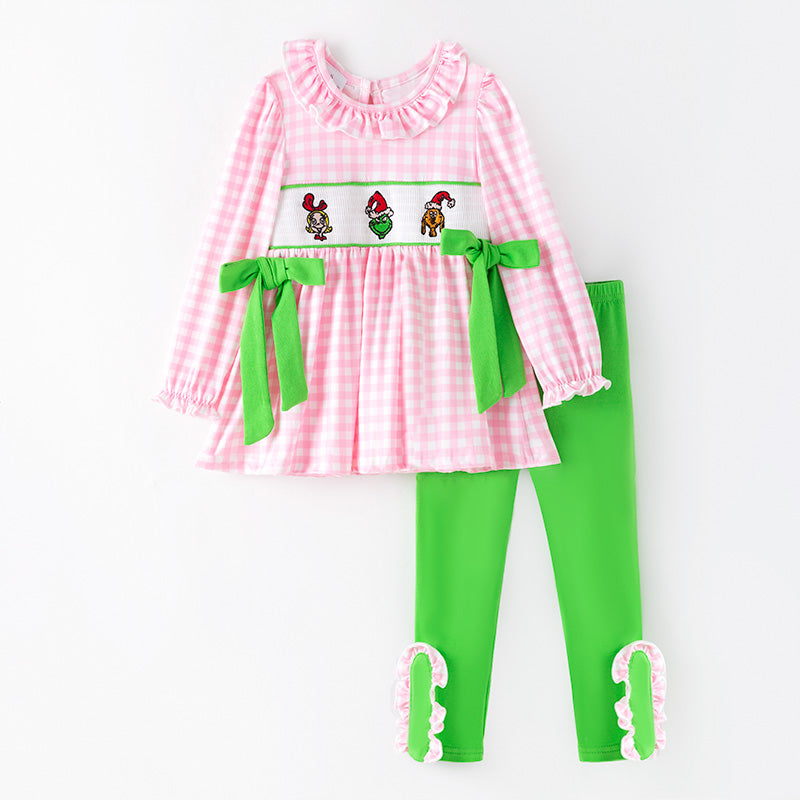 Girls Christmas Pink Plaid Cartoon Embroidery Smock Pant Set