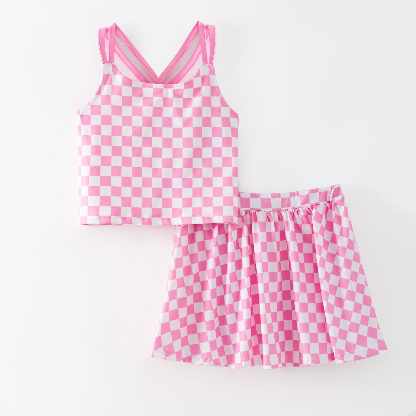 Girls Summer Muti-Colors Plaid Athletic Skirt Set