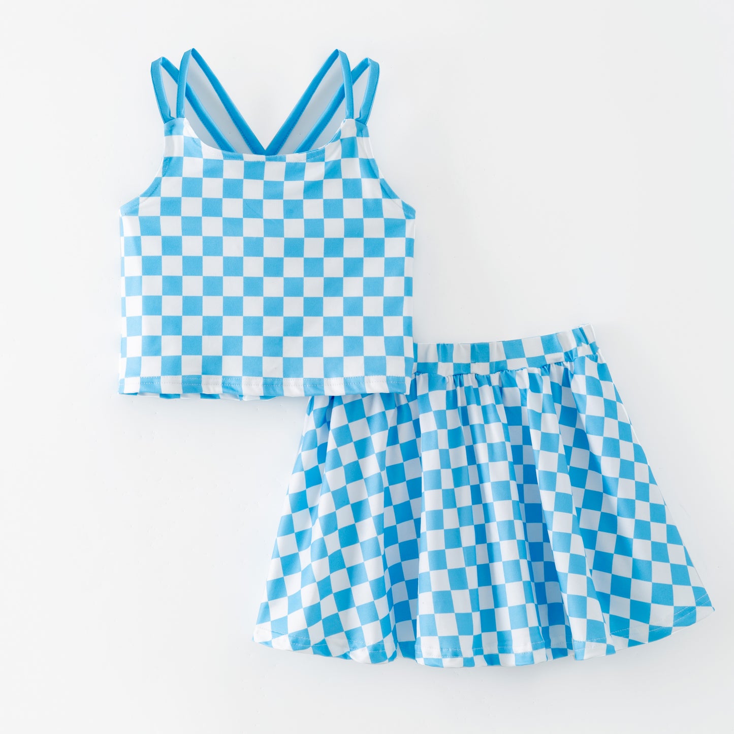 Girls Summer Muti-Colors Plaid Athletic Skirt Set