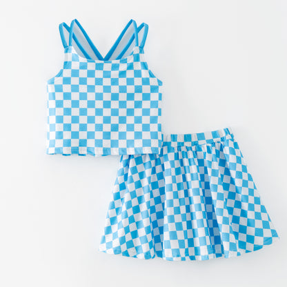 Girls Summer Muti-Colors Plaid Athletic Skirt Set