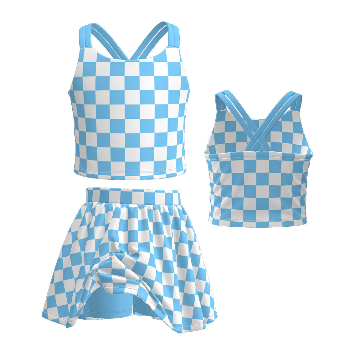 Girls Summer Muti-Colors Plaid Athletic Skirt Set