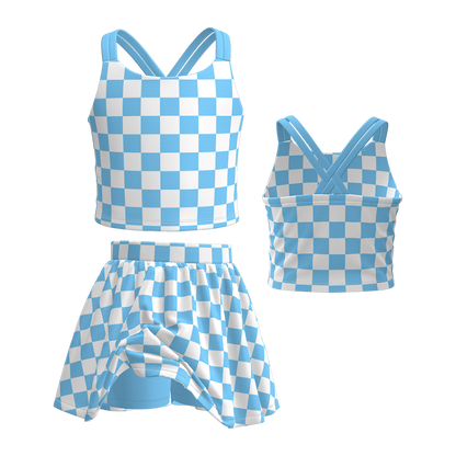 Girls Summer Muti-Colors Plaid Athletic Skirt Set
