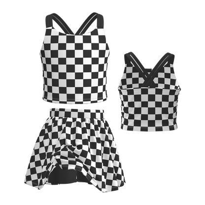 Girls Summer Muti-Colors Plaid Athletic Skirt Set