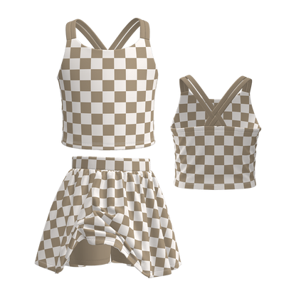 Girls Summer Muti-Colors Plaid Athletic Skirt Set