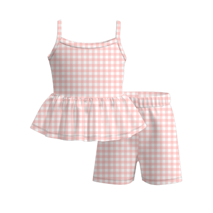 Girls Summer Plaid Floral Slip Short Set