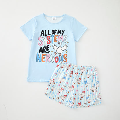 Girls Summer Blue Silly Goose Print Short Set