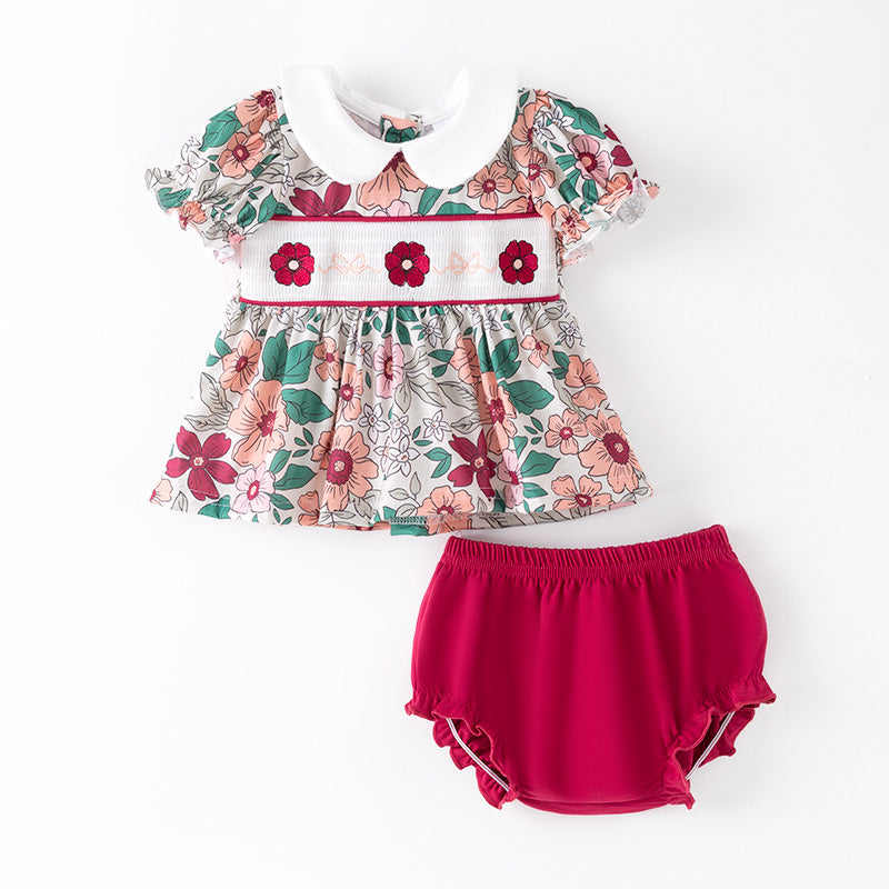 Baby Girls Fall Pink Green Floral Smock Embroidery Romper Set