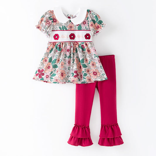 Girls Fall Pink Green Floral Smock Embroidery Pant Set
