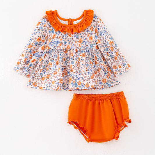 Baby Girls Fall Autumn Orange Floral Print Romper Set