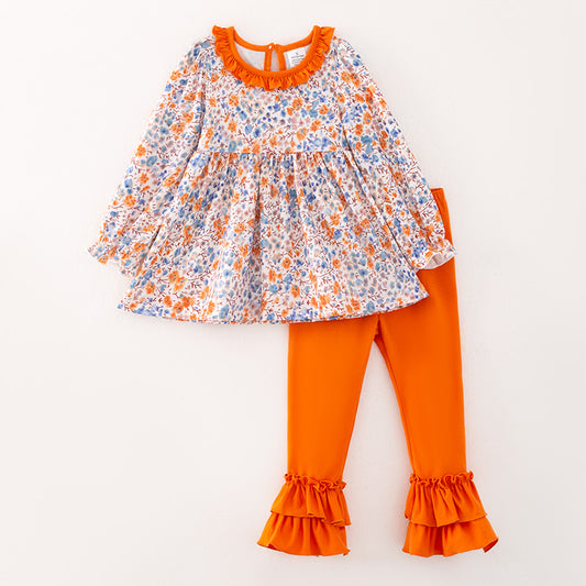 Girls Fall Autumn Orange Floral Print 2-Pieces Pant Set