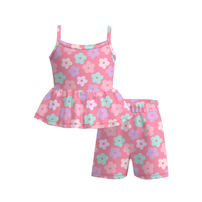 Girls Summer Plaid Floral Slip Short Set