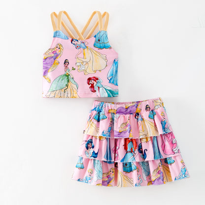 Girls Princess Cartoon Printed Athletic Skirt Set