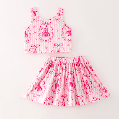 Girls Hot Seller Pink Summer Bow Athletic Soft Milk Silk Skirt Set