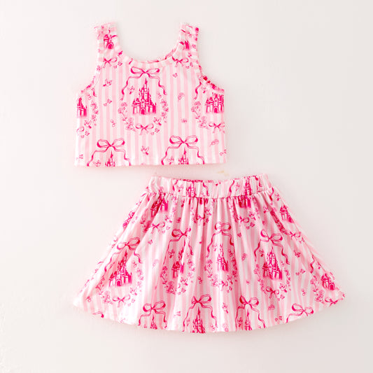 Girls Hot Seller Pink Summer Bow Athletic Soft Milk Silk Skirt Set