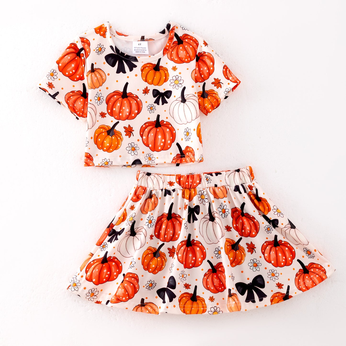 Girls Halloween Pumpkin Bow Outdoor Athletic Skirt Set