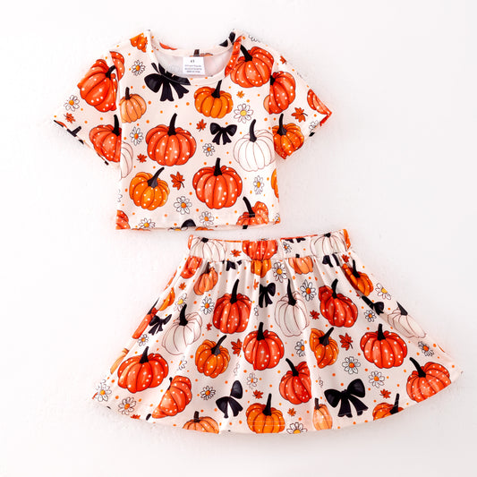 Girls Halloween Pumpkin Bow Outdoor Athletic Skirt Set