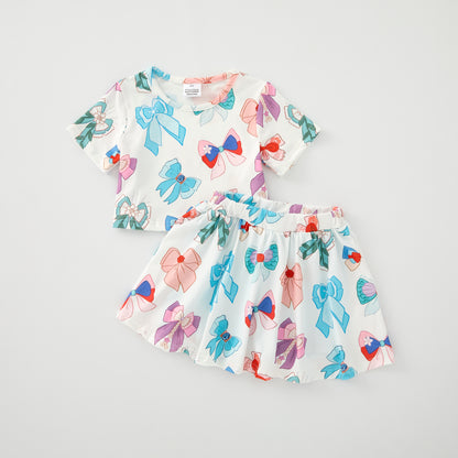 Girls Summer Colorful Bow Print Soft Skirt Set