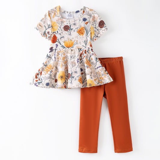 Girls 2 Pieces Fall Autumn Floral Print Top + Pant Set
