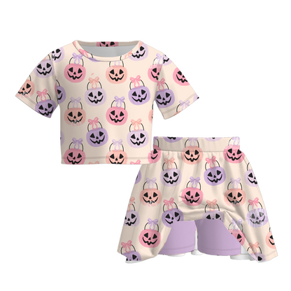 Sibling Halloween Pumpkin Print Mommy Me Dress & Top & Skirt Set