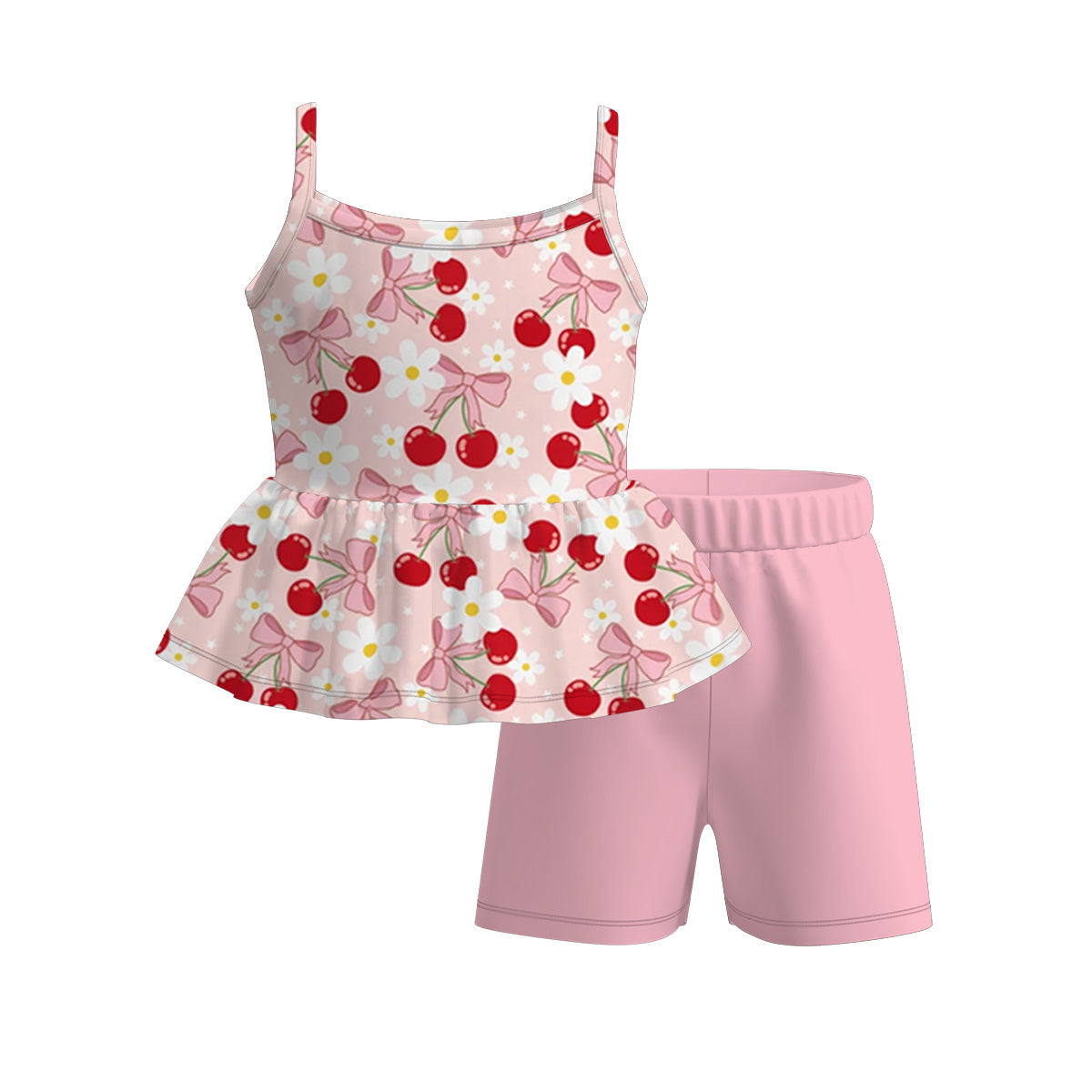 Girls Summer Bow Flower Cherry Slip Short Set